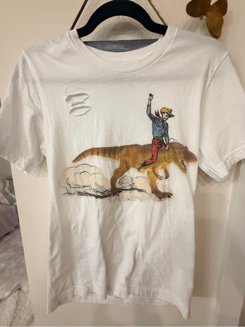 White Graphic Short Sleeve Tee with Cowboy & Dino Print